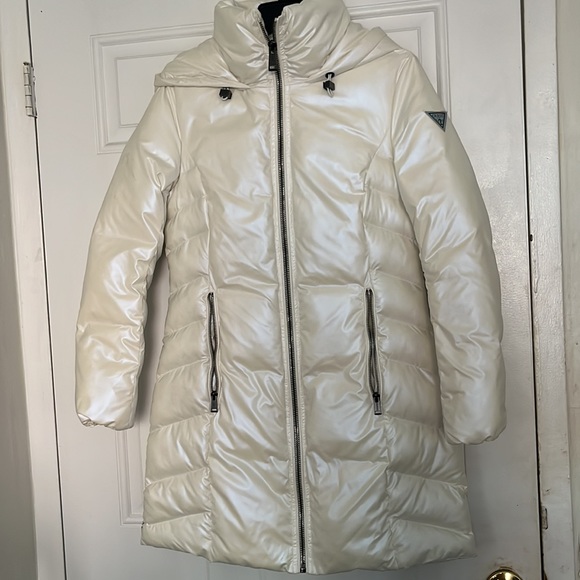 Guess Jackets & Blazers - Guess iridescent white cream colored long puffer bubble coat
